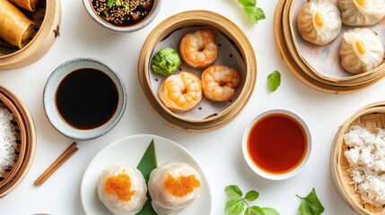 Authentic Asian Cuisine Featuring Dim Sum and Sauces on White Background