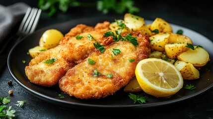 Crispy Fried Fish Fillets with Potatoes and Lemon Garnish Plate