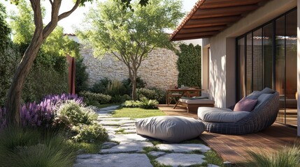 Cozy garden patio with outdoor furniture and pillows