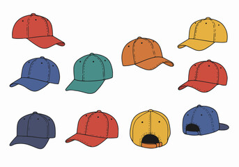 Colorful Baseball Caps Vector Illustration Set: Different Angles and Colors in Hand-Drawn Style