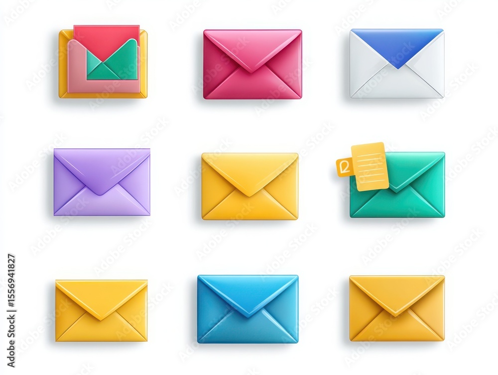 Poster collection of colorful email envelope icons for digital communication and notification concepts