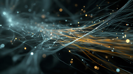 Abstract Digital Network: An ethereal display of interconnected digital threads and glowing particles, capturing the essence of complex networks and data flow, bathed in cool and warm tones.