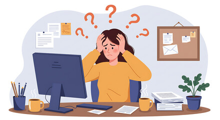 A stressed employee holds his head in frustration, showing remote work burnout. This flat vector uses icons to visualize pressure and mental fatigue. Set for remote work burnout, Remote work stress
