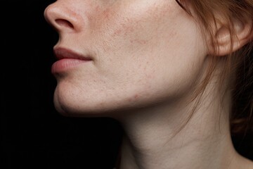 Obraz premium Woman with acne scars on skin against black background 