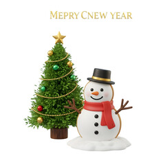 Photo of a cheerful snowman stands beside a decorated christmas tree, isolated on transparent background