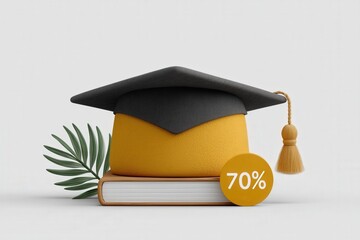 A creative composition of a graduation cap resting atop a textbook alongside a motivational 70 percent mark symbolizing educational achievement and academic success in a minimalist style