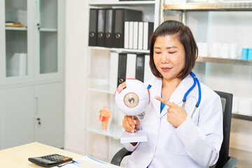 Ophthalmologist in white coat holding eye model and explaining with calm expression