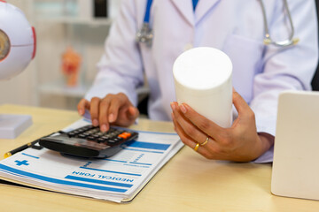 Medical form, doctor calculating prescription cost, healthcare consultation, medicine bottle hand