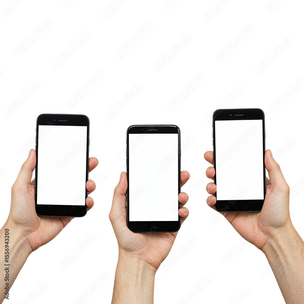 Poster two modern smartphones with blank white screens angled and overlapping on a transparent background i