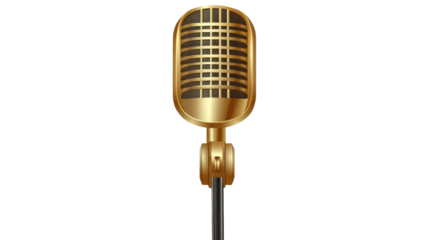 Vintage gold microphone with a retro design and classic broadcast style on white background