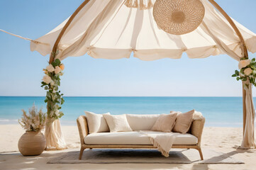 Obraz premium Cozy Summer Beach Cabana with Elegant White Curtains and Ocean View