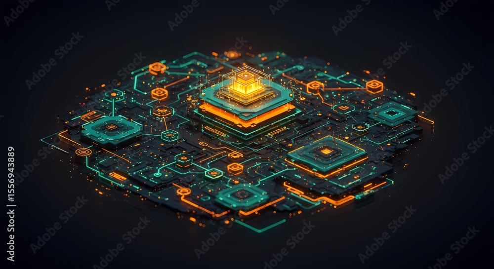 Poster abstract digital circuitry glowing nodes and connections, isometric 3d render of technological netwo