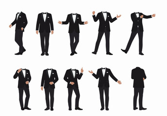 Set of headless men in black tuxedos posing in various elegant and formal stances, perfect for presentations, events, or fashion illustrations.