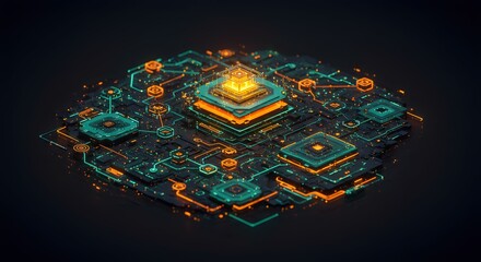 Abstract Digital Circuitry Glowing Nodes and Connections, Isometric 3D Render of Technological Network, Futuristic Data Processing System,  Cyberpunk Style Illustration