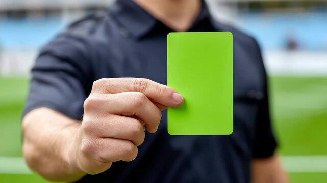 Referee Holding Green Card in Football Match on Vibrant Grass Field