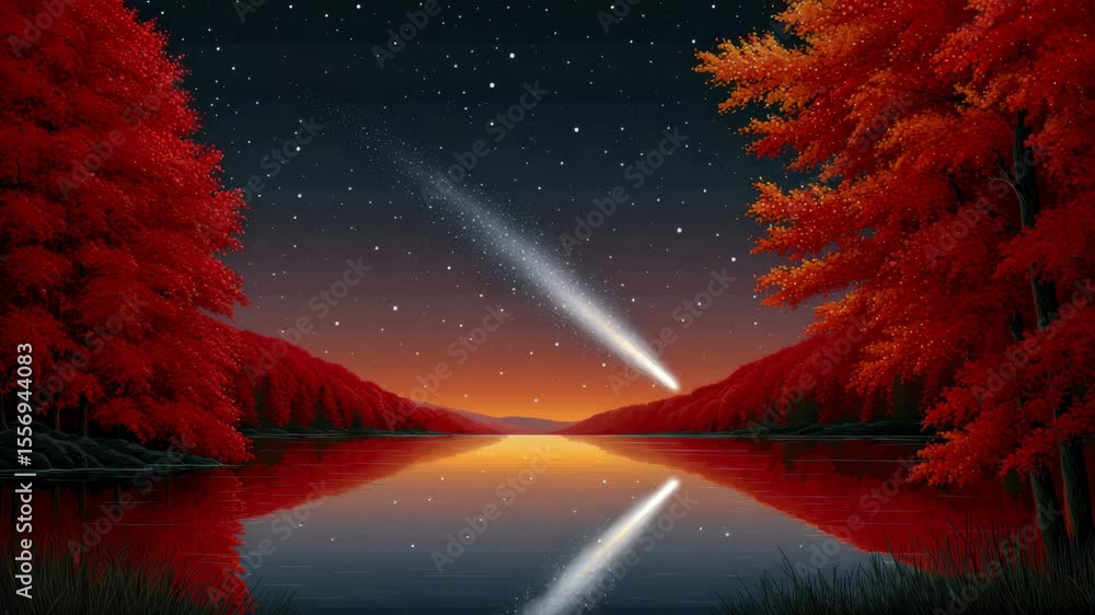 Poster serene autumn landscape with vibrant red trees and comet reflection over a calm lake under starry ni