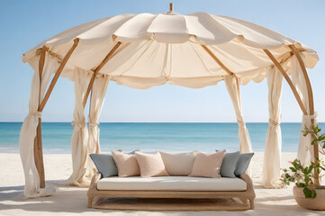 Cozy Summer Beach Cabana with Elegant White Curtains and Ocean View