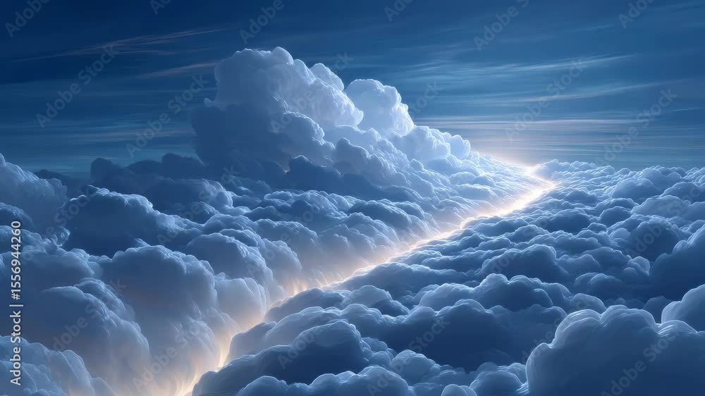Poster serene view of cumulus clouds illuminated by soft sunlight during twilight