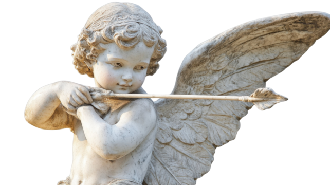Vintage cupid statue with classical design and romantic detailing on white background
