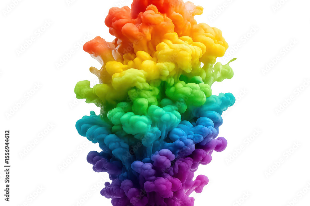 Poster vivid ink cloud dispersing underwater, generating swirling multicolored patterns against transparent