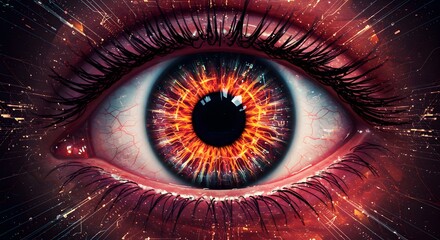 Fiery Cosmic Eye Abstract Digital Art of a Burning Pupil, Intense Gaze, and Glowing Iris.  High-Resolution Fantasy Eye Illustration.
