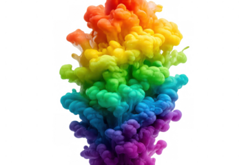 Vivid ink cloud dispersing underwater, generating swirling multicolored patterns against transparent backdrop