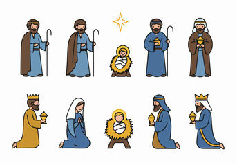 Simple Illustration of the Nativity Scene with Baby Jesus, Mary, Shepherds, and Wise Men