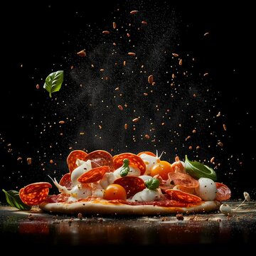 Explosive burst of gourmet pizza toppings with pepperoni, mozzarella, and herbs frozen midair in vivid food action