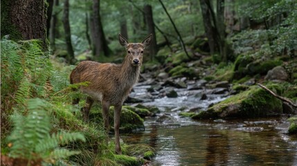 Red Deer by a Forest Stream