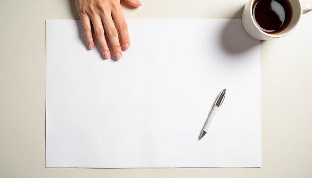 Hand resting on blank paper with pen and coffee mug on table