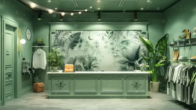 Modern boutique interior design green colors lush decor	