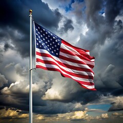 An american flag billows dramatically against a dark stormy sky