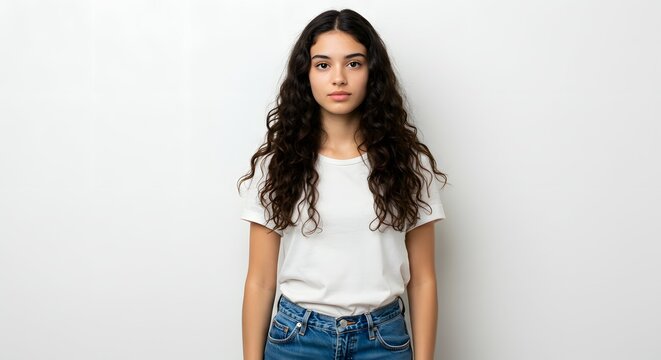 Young woman with long curly dark hair and blue jeans, wearing a white t-shirt, standing in front of a plain white background, looking directly at the camera with a neutral expression