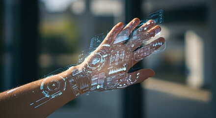 Human hand interacts with augmented reality interface, projecting intricate digital data and cutting-edge technology for seamless information access