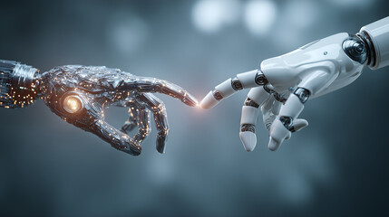"Digital Touch: A striking depiction of the convergence of artificial intelligence and human connection, symbolized by the meeting of two robotic hands.