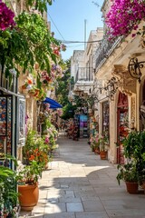 Fototapeta premium Charming Flower Adorned Alley in Historic Mediterranean Town