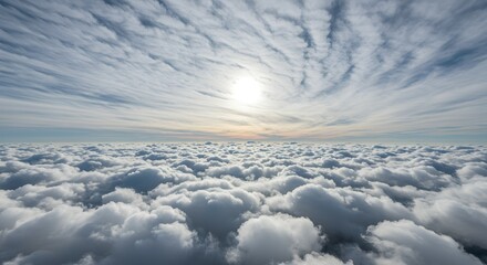 Stunning view from above the clouds, a mesmerizing expanse of white fluffy formations illuminated by the radiant sun's glow and light