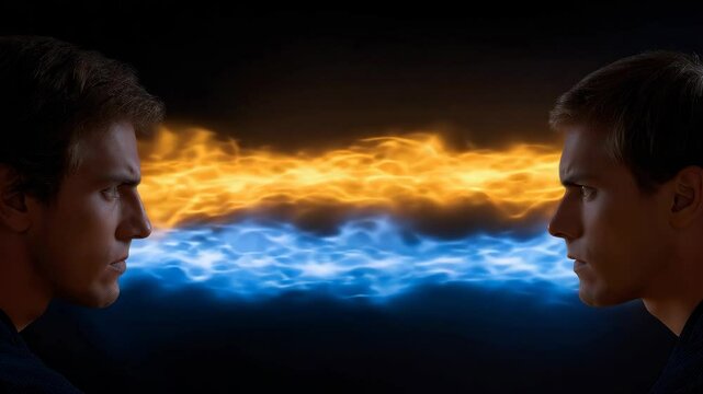 Two Men Facing Each Other with Fiery Orange and Cool Blue Glows Creating Tension