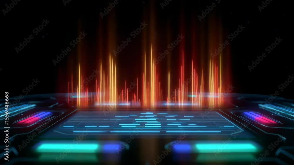 Poster vibrant audio visualization with dynamic sound waves and colorful peaks against a dark background