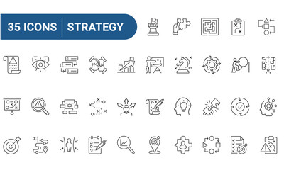 Strategy line icon set. Includes business success, achievement, goal, financial strategy, strategic horse, management, planning, plan, labyrinth. Editable stroke. Vector illustration	