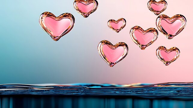 Multiple pink glass heart shapes float above a blue water surface with a gradient pink and blue background