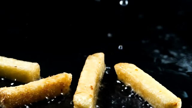Crispy food pieces in water splash