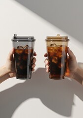 Refreshing Iced Coffee Two Hands Holding Smoked and Amber Cups
