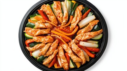 Colorful Fresh Chicken Stir-Fry with Vegetables on a Black Platter