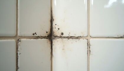 Mold growth on bathroom tile grout in white background  