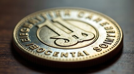 A close-up photograph of a shiny new coin, with embossed details and reflective surfaces
