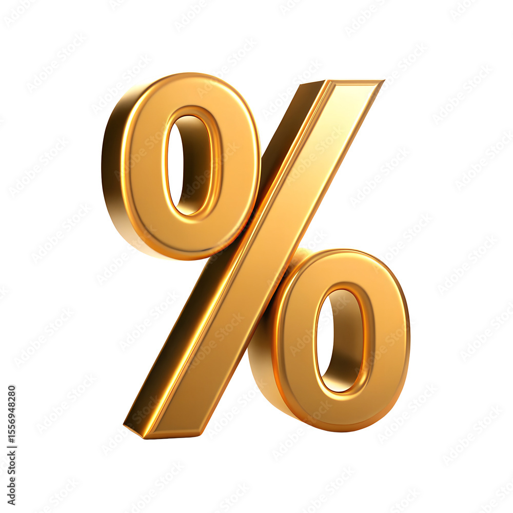 Poster shiny golden percentage symbol with reflection isolated on transparent background