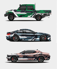 Three Cars with Geometric Wrap Designs in Green Blue and Pink Hues