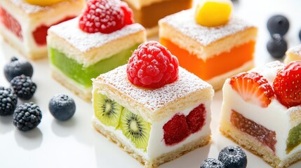 Colorful Fruit Pastry Slices with Berries on White Background