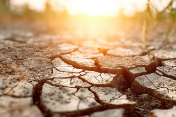 Dry cracked earth in countryside, intense sunlight, dead crops, global food crisis, climate change concept.